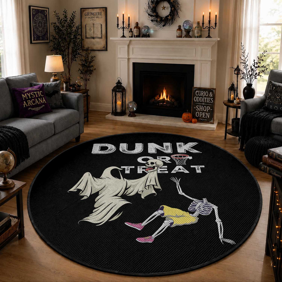 Halloween Dunk Or Treat Round Rug Funny Skeleton And Ghost Playing Basketball