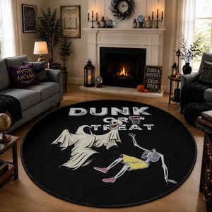 Halloween Dunk Or Treat Round Rug Funny Skeleton And Ghost Playing Basketball