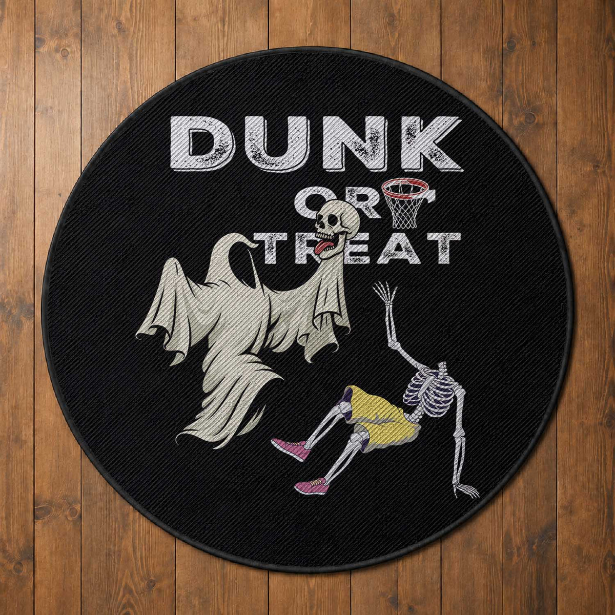 Halloween Dunk Or Treat Round Rug Funny Skeleton And Ghost Playing Basketball
