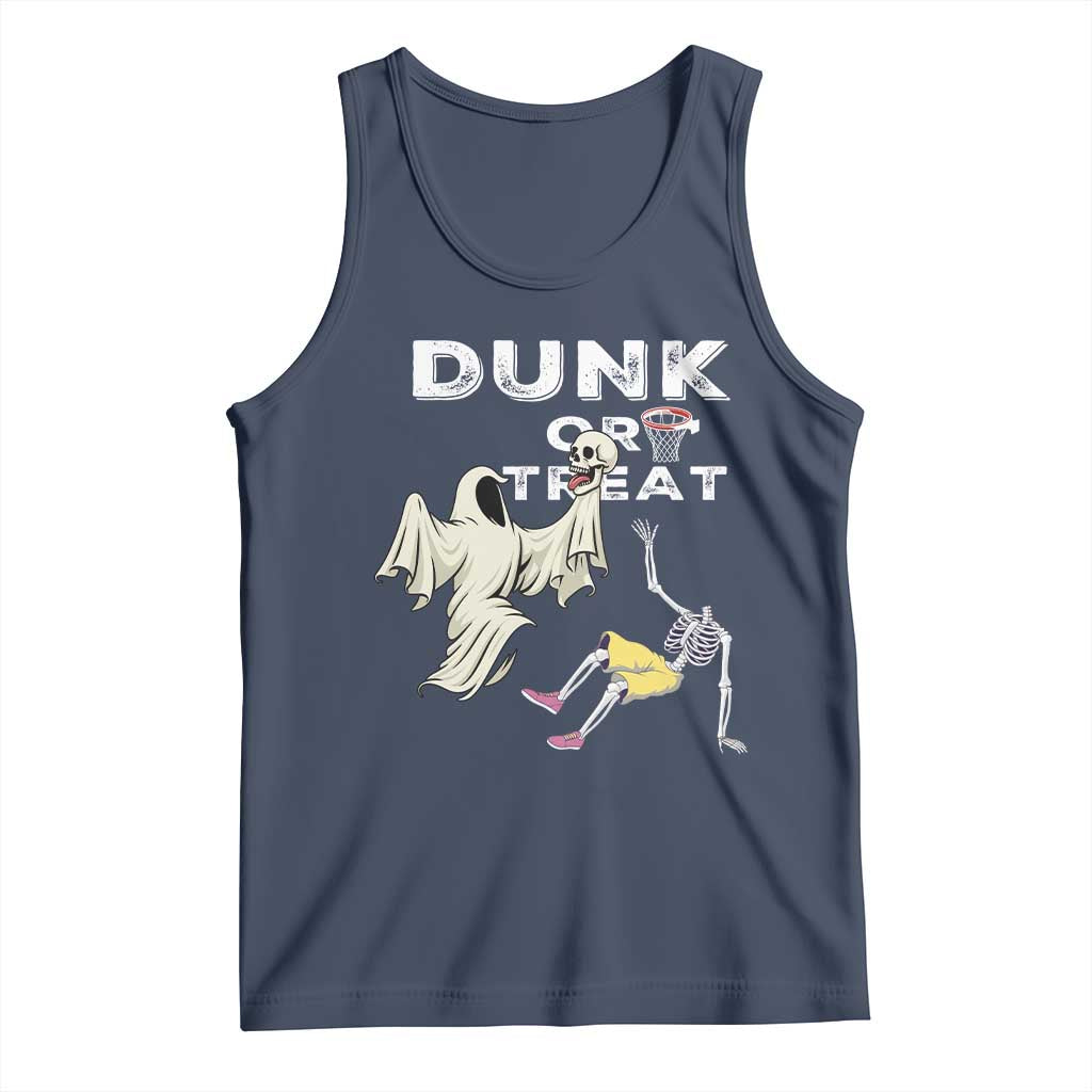 Halloween Dunk Or Treat Tank Top Funny Skeleton And Ghost Playing Basketball TS12 Navy Print Your Wear