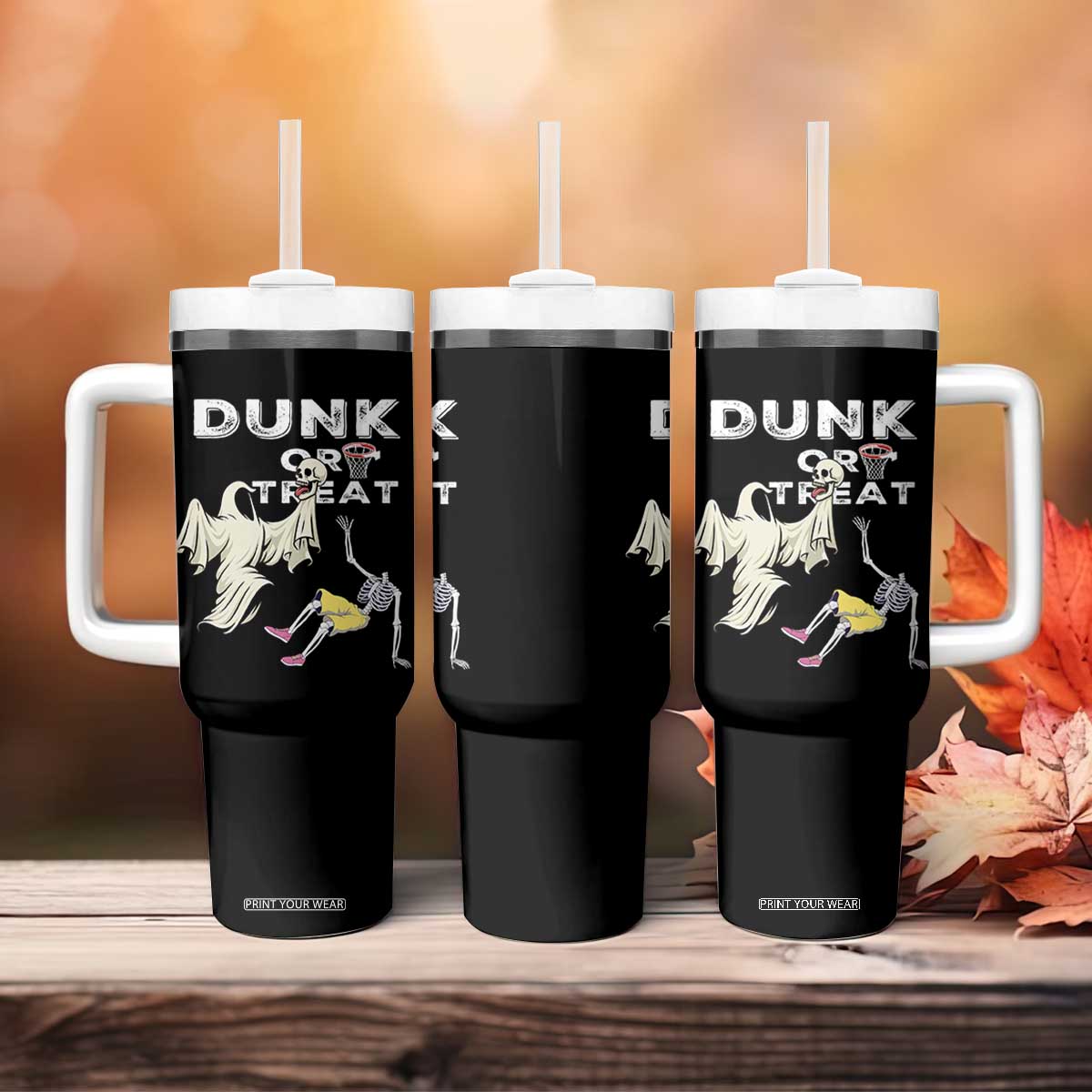 Halloween Dunk Or Treat Tumbler With Handle Funny Skeleton And Ghost Playing Basketball TS12 Print Your Wear