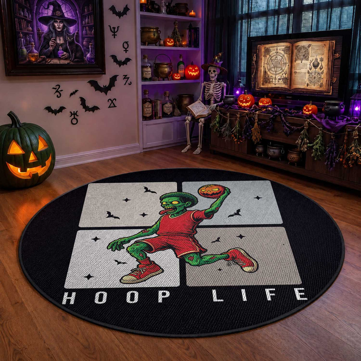 Hoop Life Round Rug Halloween Zombie Basketball Spooky Game