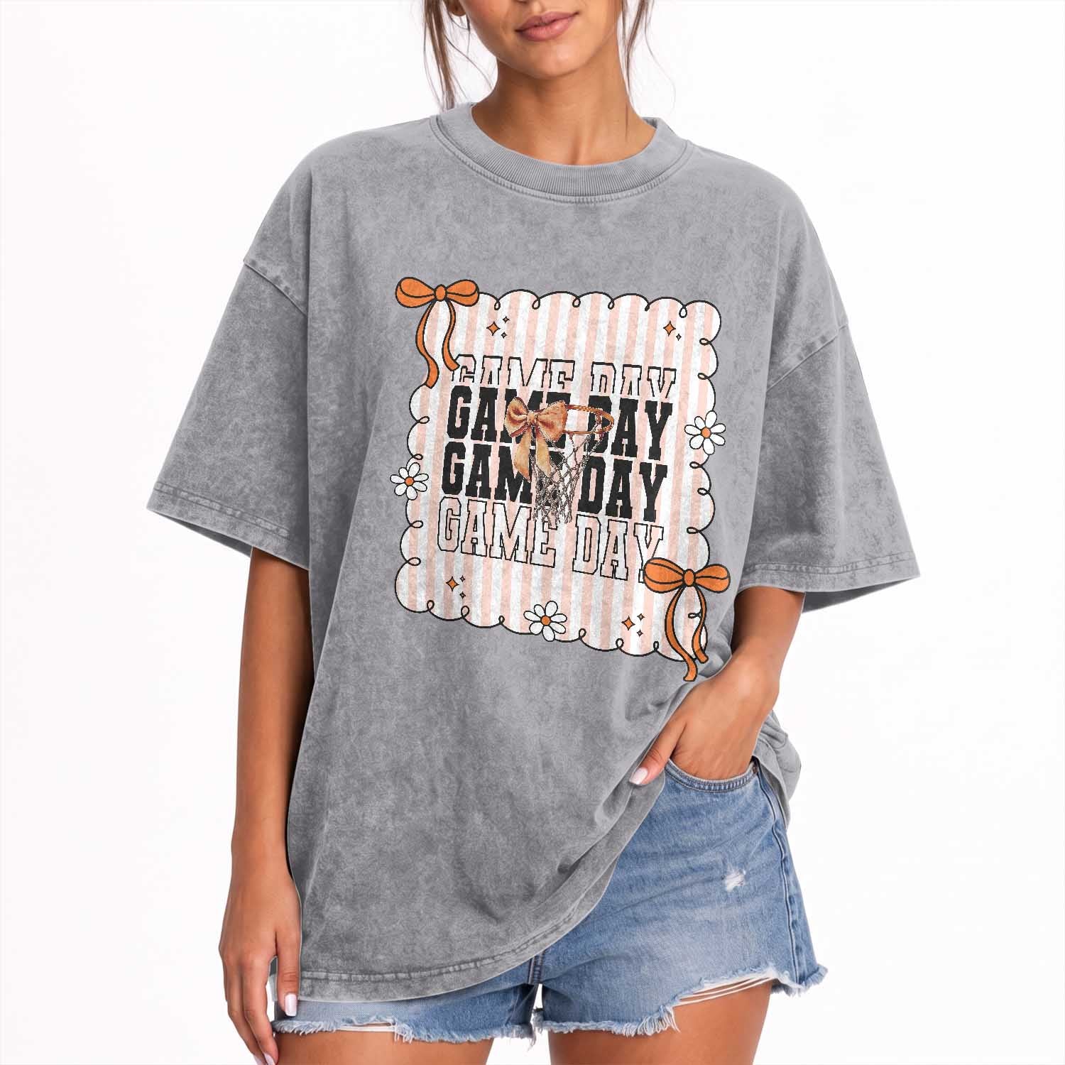 Basketball Game Day Washed Cotton T-Shirt Retro Coquette Bow Gift For Sport Lovers