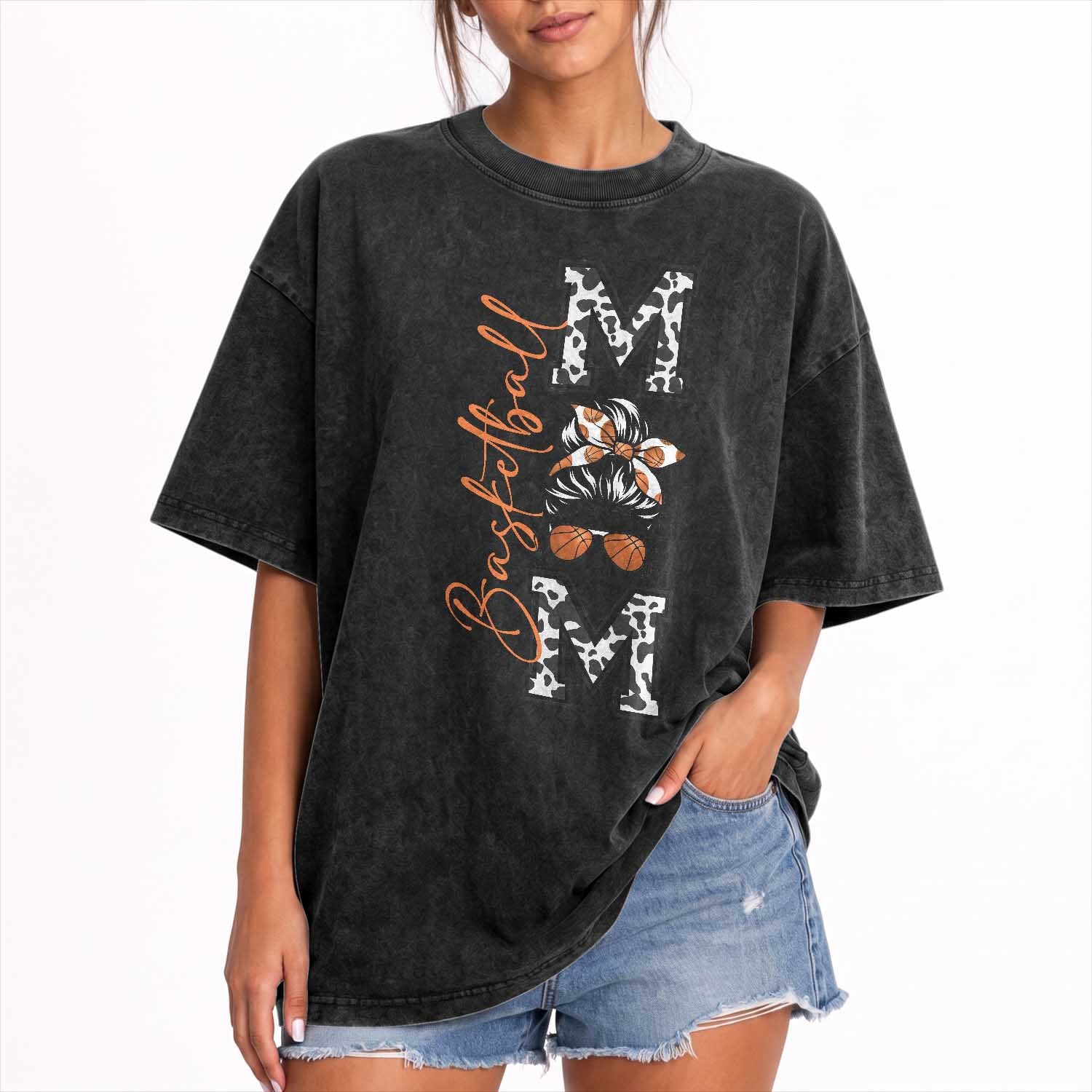Basketball Mom Washed Cotton T-Shirt Retro Style Gift For Sports Lover