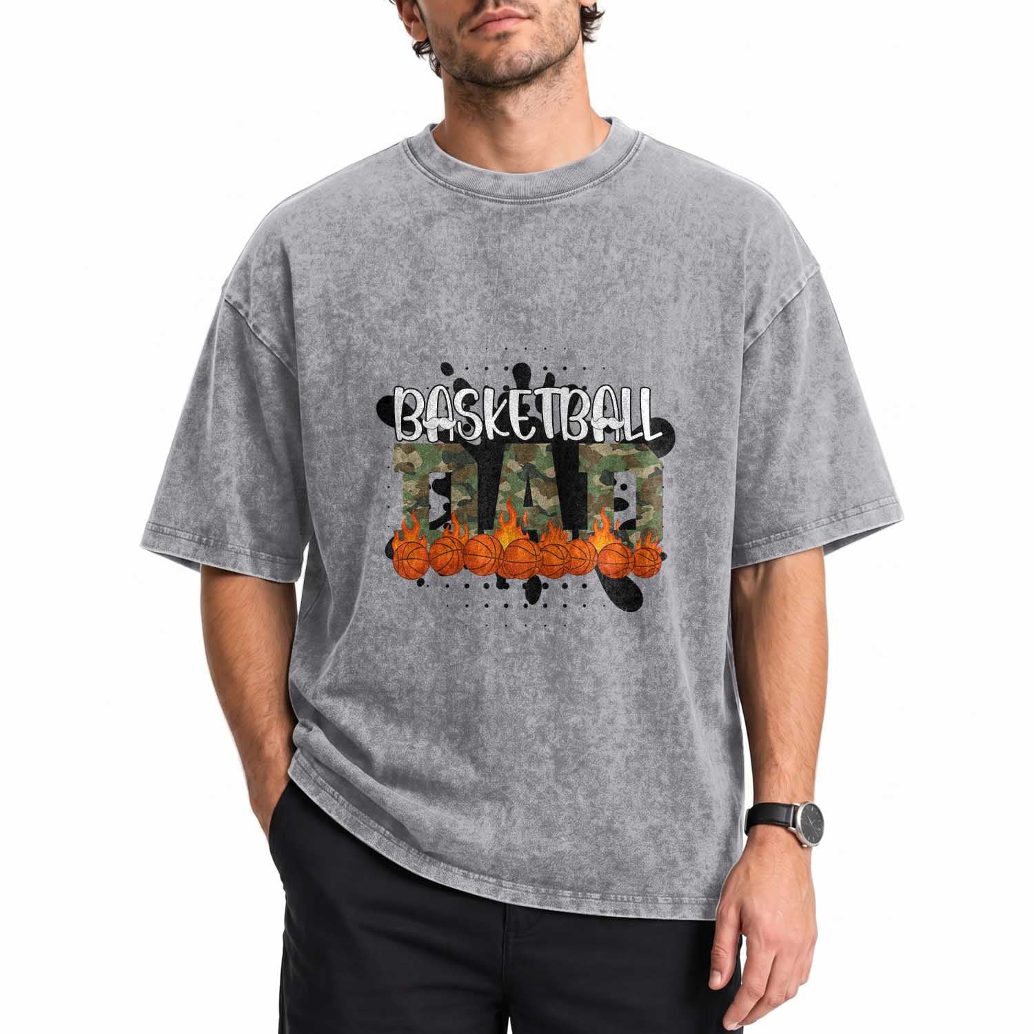 Basketball Dad Washed Cotton T-Shirt Camouflage Flame Graphic For Sport Lover