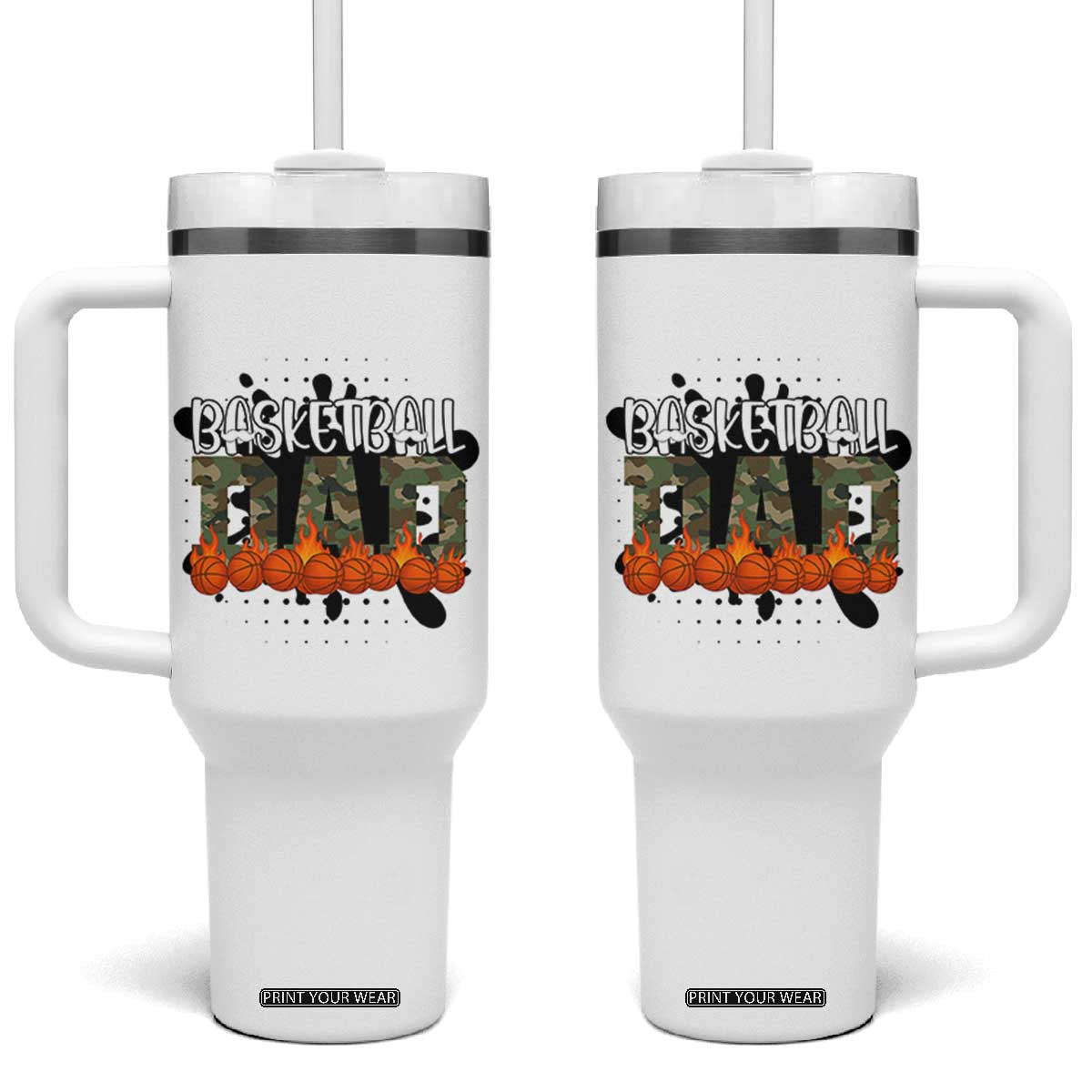 Basketball Dad Tumbler With Handle Camouflage Flame Graphic For Sport Lover TS12 One Size: 40 oz White Print Your Wear