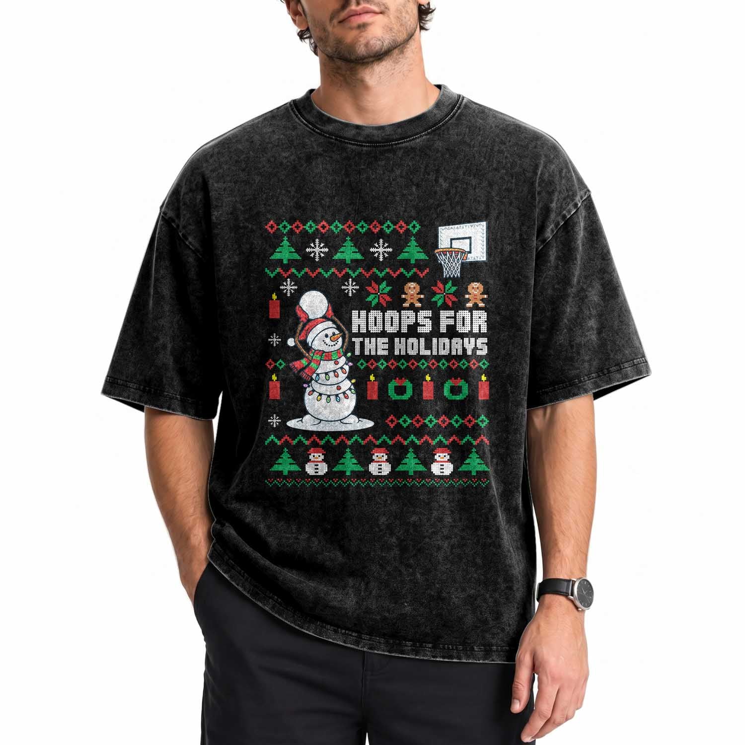 Funny Christmas Basketball Snowmen Washed Cotton T-Shirt Hoops For The Holidays Ugly Sweater