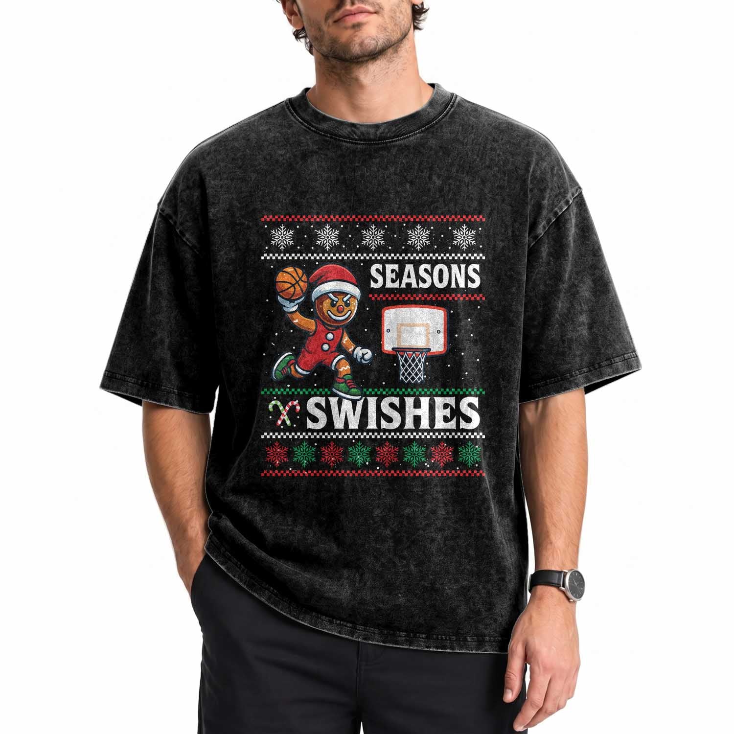 Seasons Swishes Washed Cotton T-Shirt Funny Gingerbread Basketball Christmas Gift