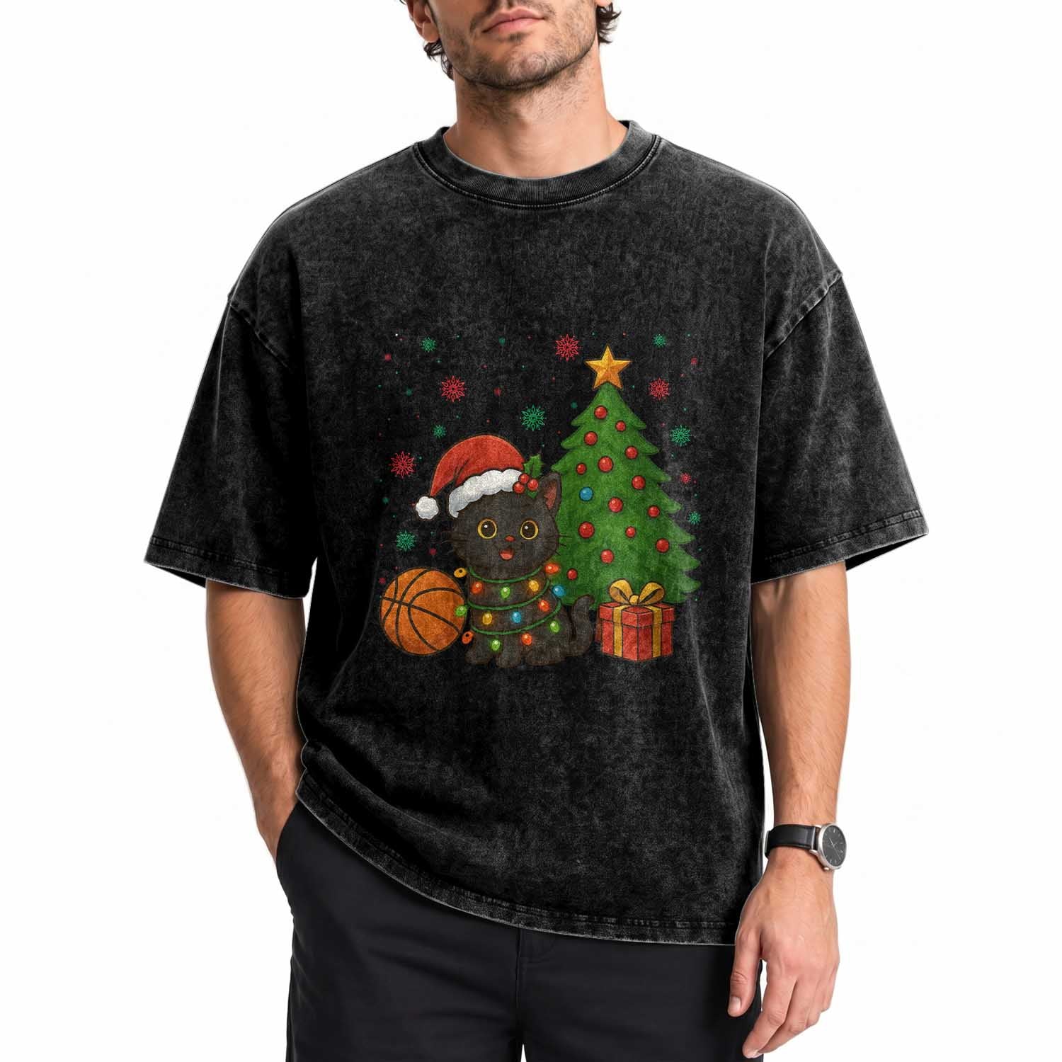 Funny Christmas Black Cat Washed Cotton T-Shirt Gift For Cat Lover