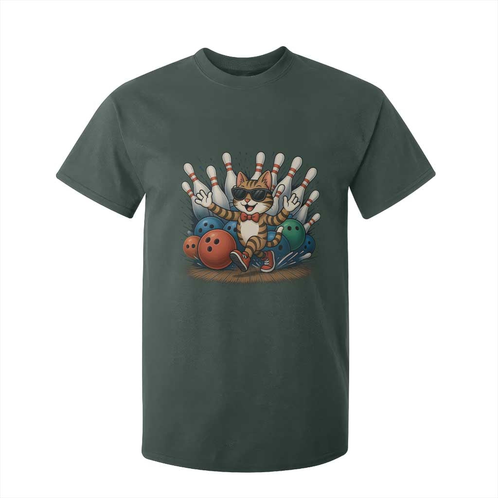 Funny Bowler Gift T Shirt For Kid Bowling Cat With Sunglasses TS12 Dark Forest Green Print Your Wear