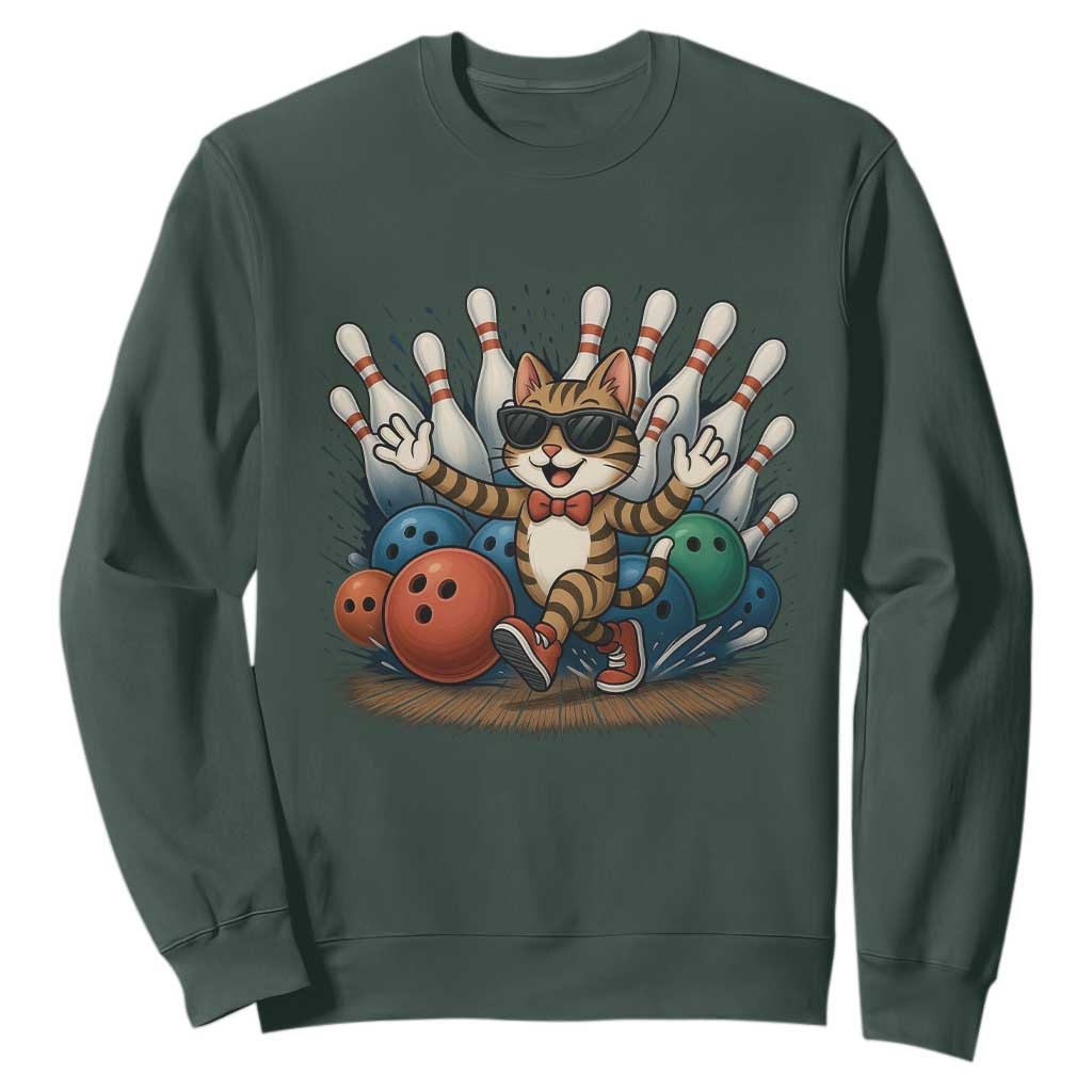 Funny Bowler Gift Sweatshirt Bowling Cat With Sunglasses TS12 Dark Forest Green Print Your Wear