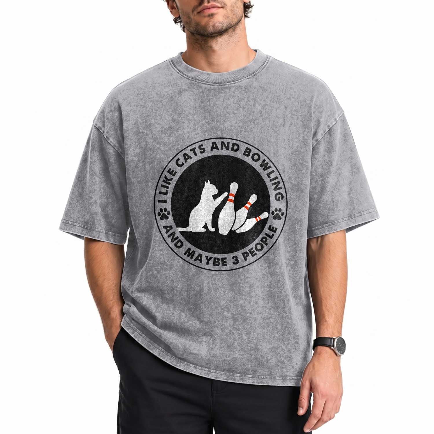 I Like Cats And Bowling And Maybe 3 People Washed Cotton T-Shirt Funny Cat Lovers
