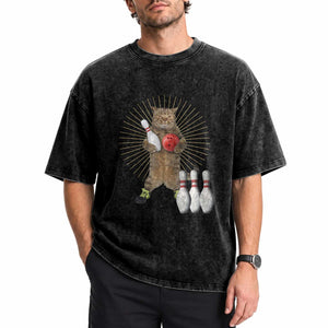 Funny Cat Bowling Meme Washed Cotton T-Shirt Gift For Bowlers