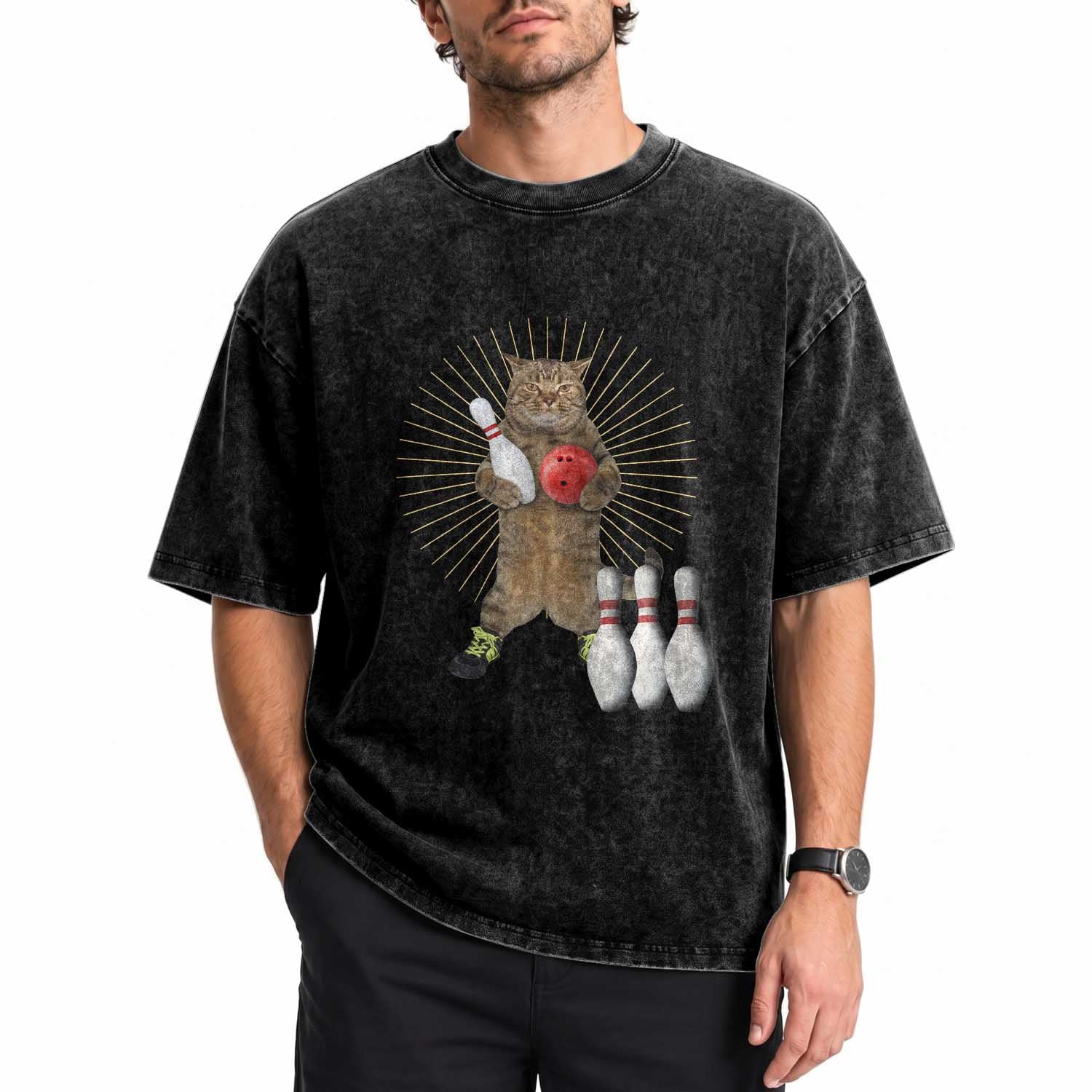 Funny Cat Bowling Meme Washed Cotton T-Shirt Gift For Bowlers