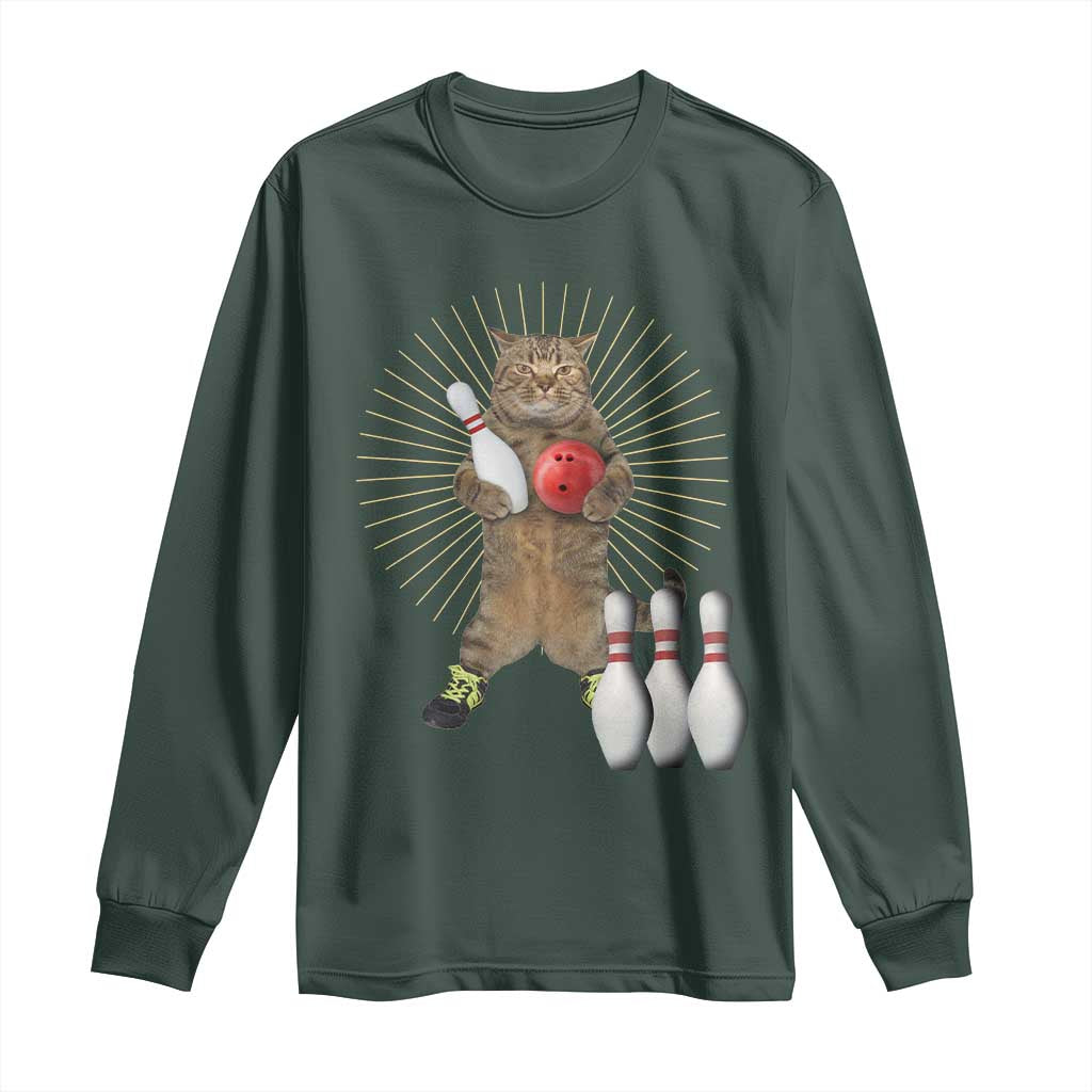 Funny Cat Bowling Meme Long Sleeve Shirt Gift For Bowlers TS12 Dark Forest Green Print Your Wear