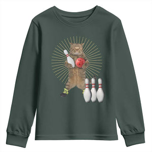Funny Cat Bowling Meme Youth Sweatshirt Gift For Bowlers TS12 Dark Forest Green Print Your Wear