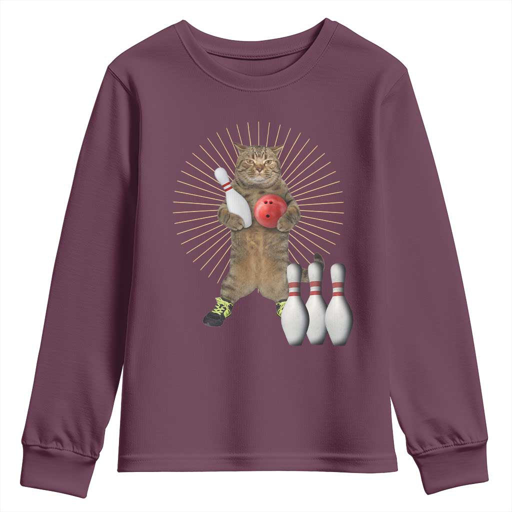 Funny Cat Bowling Meme Youth Sweatshirt Gift For Bowlers TS12 Maroon Print Your Wear