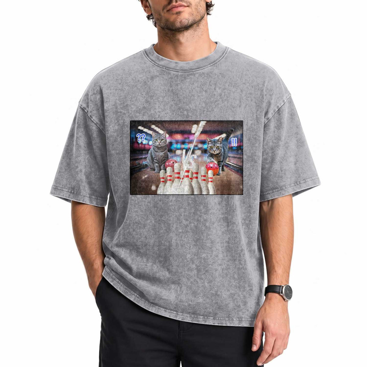 Funny Cats Bowling Battle Washed Cotton T-Shirt Gift For Cat Lovers