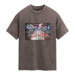 Funny Cats Bowling Battle Washed Cotton T-Shirt Gift For Cat Lovers