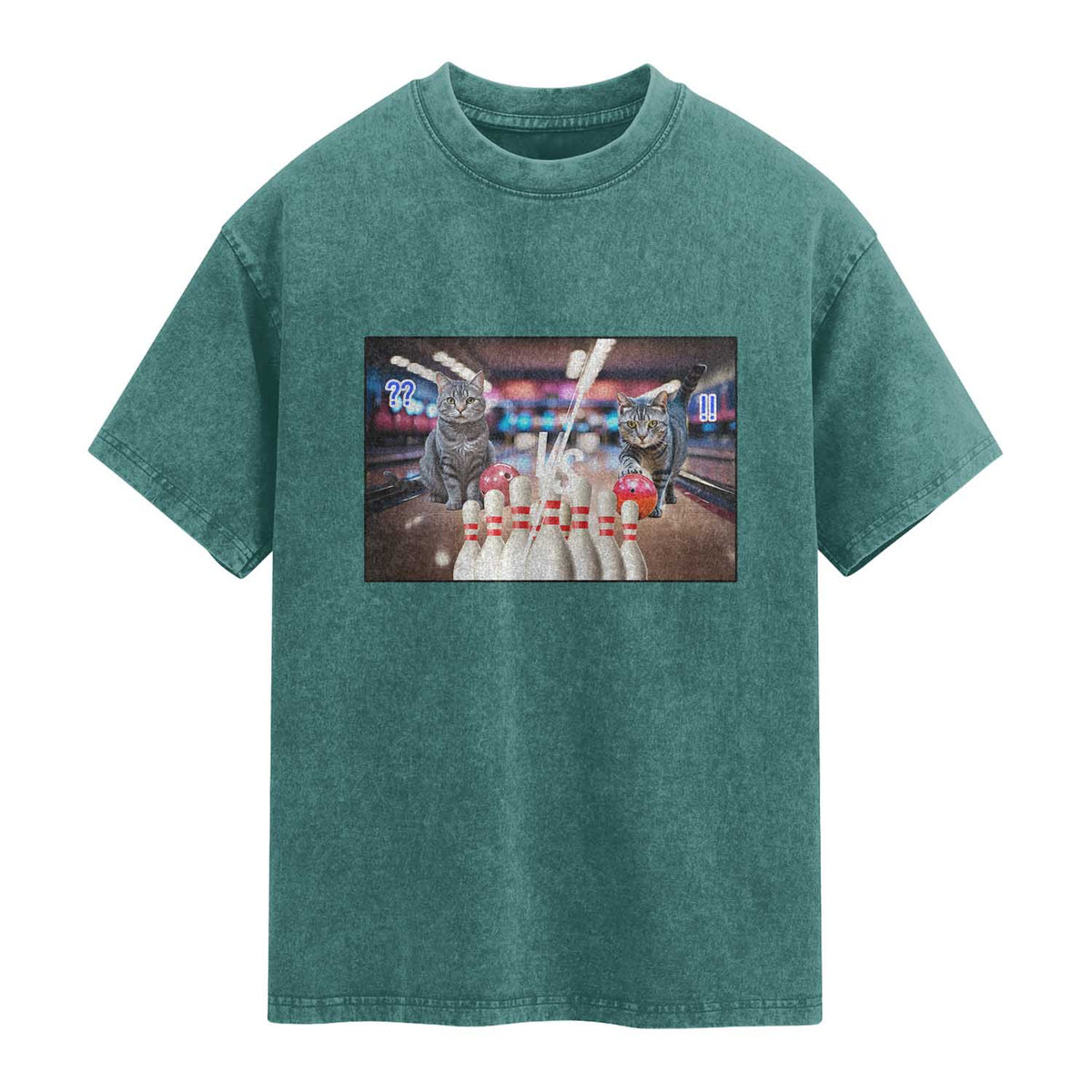 Funny Cats Bowling Battle Washed Cotton T-Shirt Gift For Cat Lovers