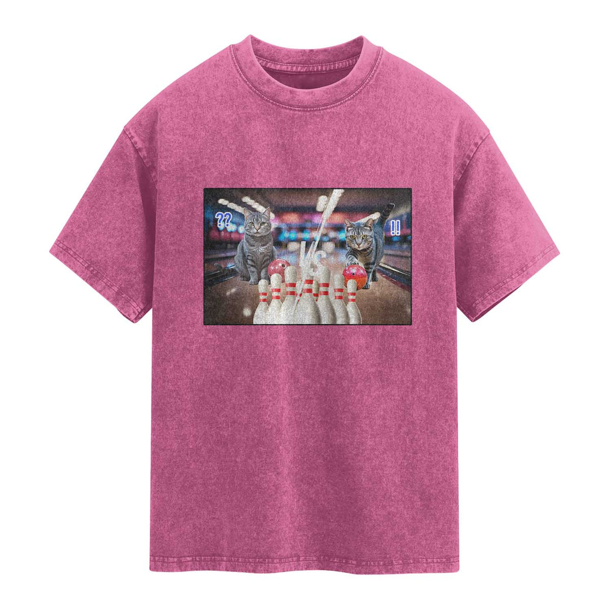 Funny Cats Bowling Battle Washed Cotton T-Shirt Gift For Cat Lovers