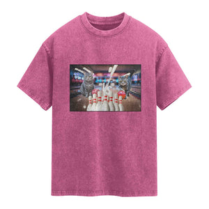 Funny Cats Bowling Battle Washed Cotton T-Shirt Gift For Cat Lovers