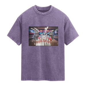 Funny Cats Bowling Battle Washed Cotton T-Shirt Gift For Cat Lovers
