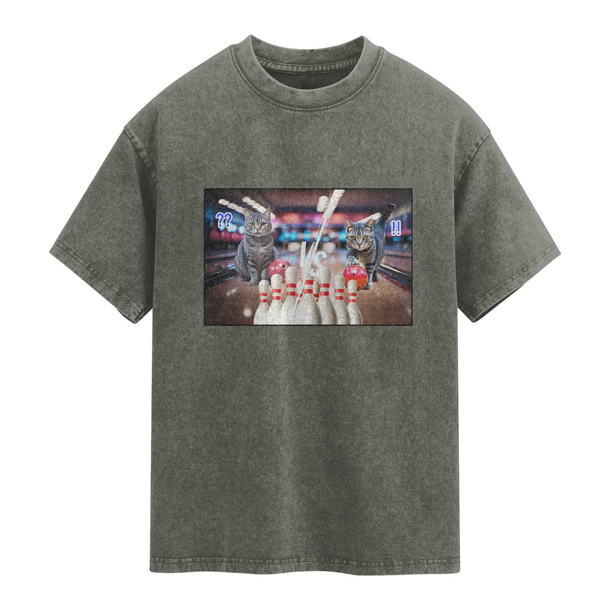 Funny Cats Bowling Battle Washed Cotton T-Shirt Gift For Cat Lovers
