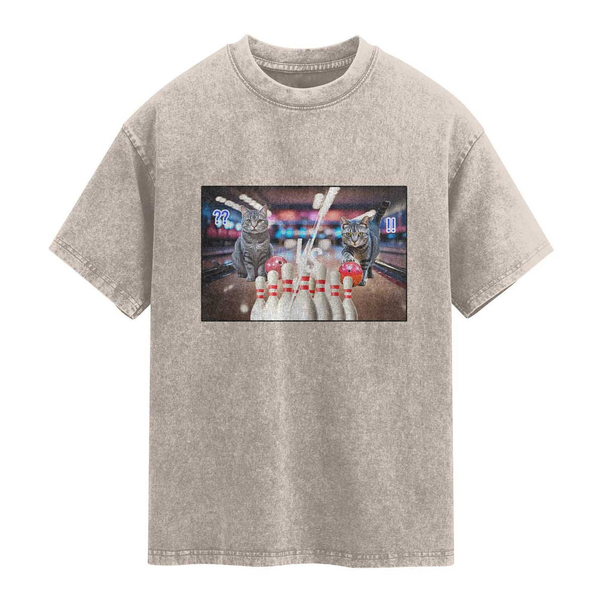 Funny Cats Bowling Battle Washed Cotton T-Shirt Gift For Cat Lovers