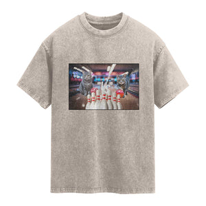 Funny Cats Bowling Battle Washed Cotton T-Shirt Gift For Cat Lovers