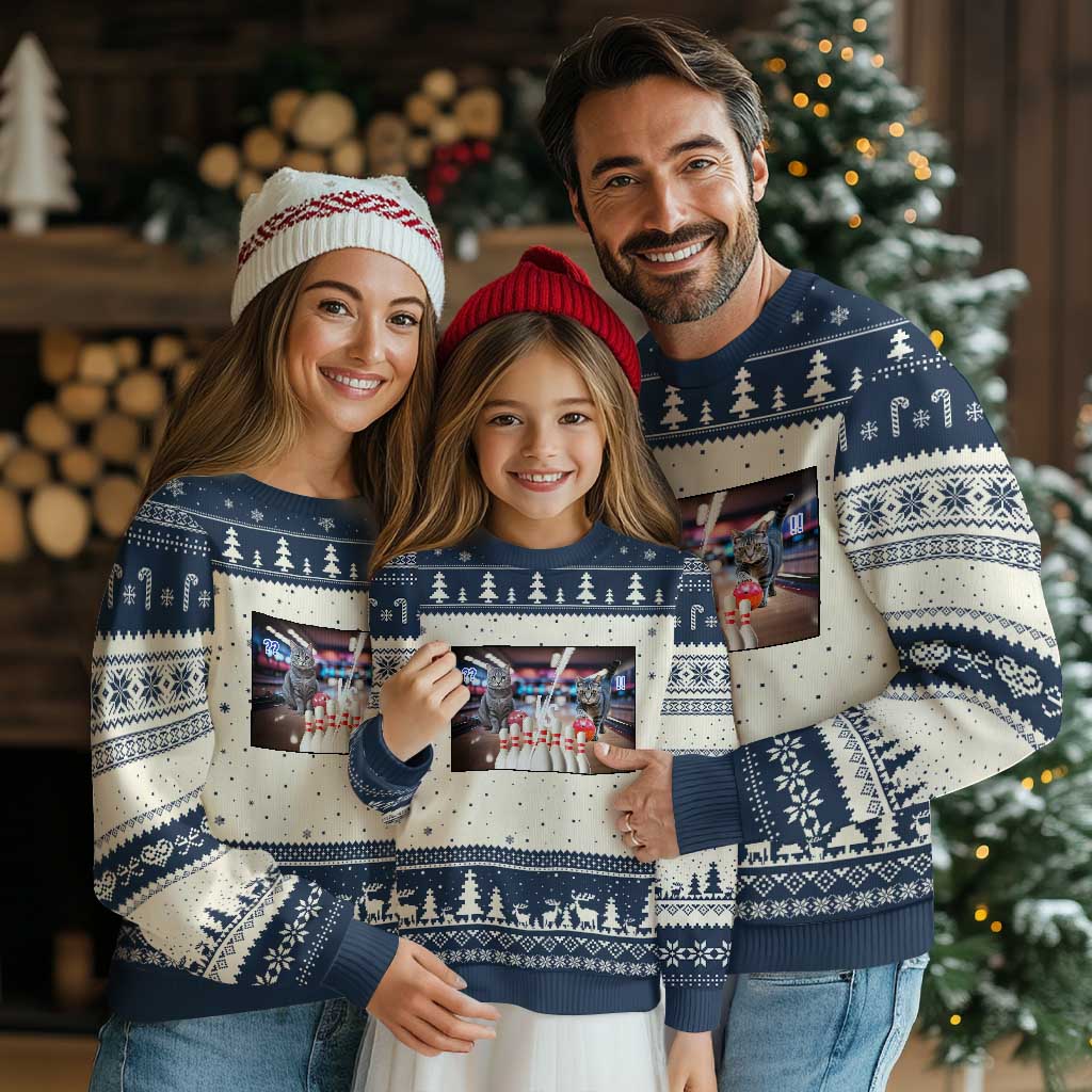 Funny Cats Bowling Battle Ugly Christmas Sweater Gift For Cat Lovers TS12 Beige Navy Print Your Wear