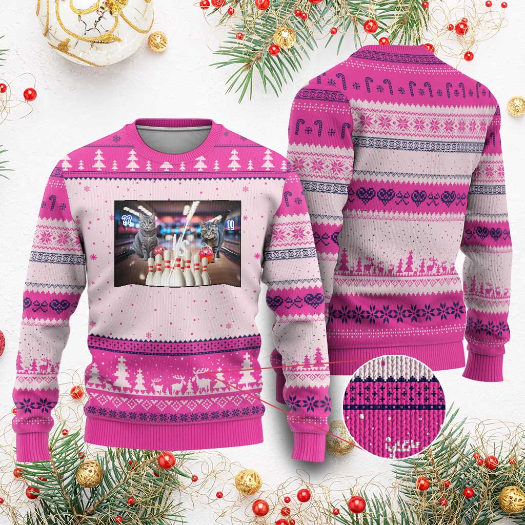 Funny Cats Bowling Battle Ugly Christmas Sweater Gift For Cat Lovers TS12 Hot Pink Print Your Wear
