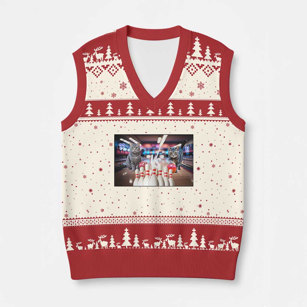 Funny Cats Bowling Battle V-Neck Knit Sweater Vest Gift For Cat Lovers TS12 Beige Red Print Your Wear