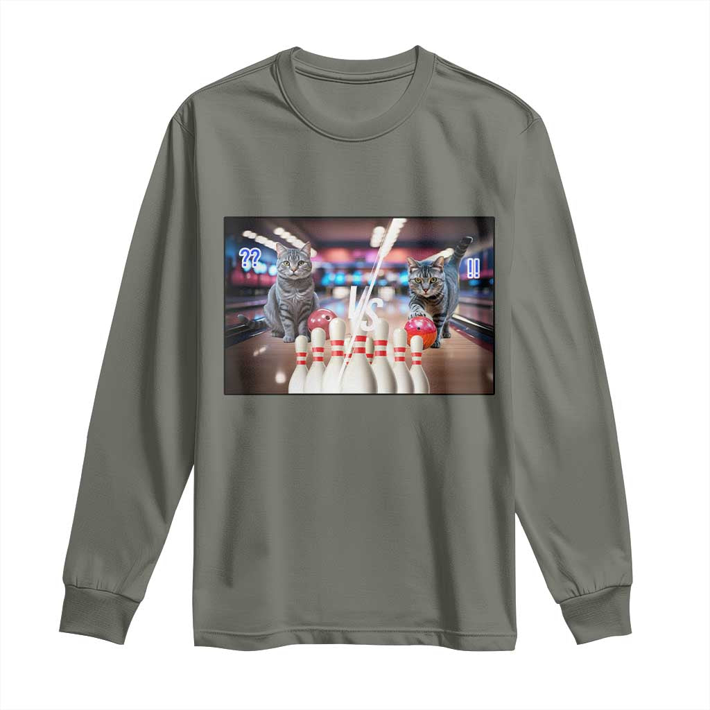 Funny Cats Bowling Battle Long Sleeve Shirt Gift For Cat Lovers TS12 Military Green Print Your Wear