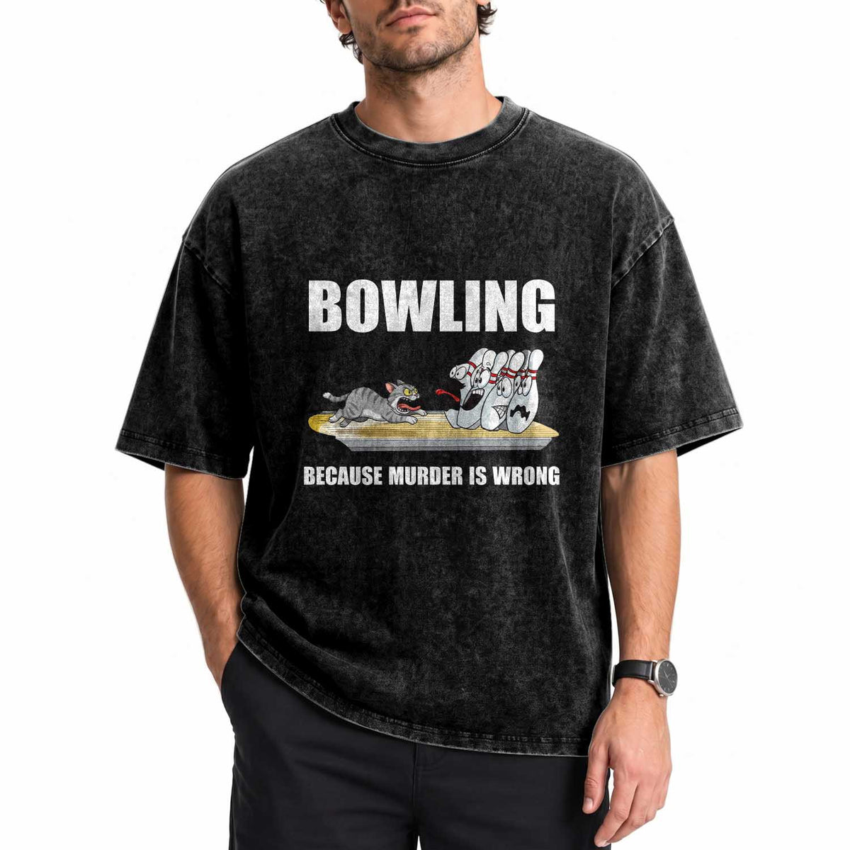Funny Cat Washed Cotton T-Shirt Bowling Because Murder Is Wrong Gift