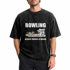 Funny Cat Washed Cotton T-Shirt Bowling Because Murder Is Wrong Gift