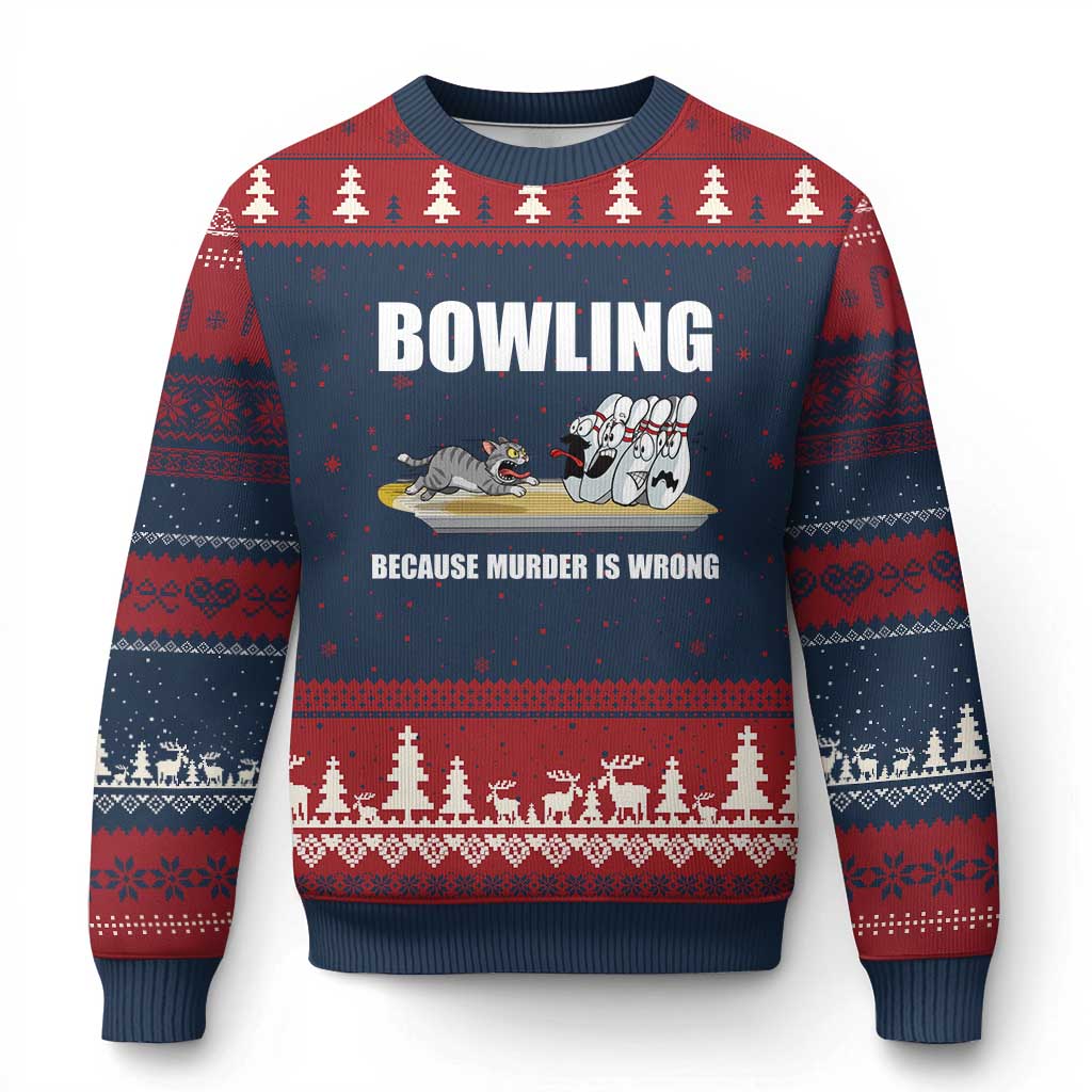 Funny Cat Ugly Christmas Sweater Bowling Because Murder Is Wrong Gift TS12 Navy Red Print Your Wear
