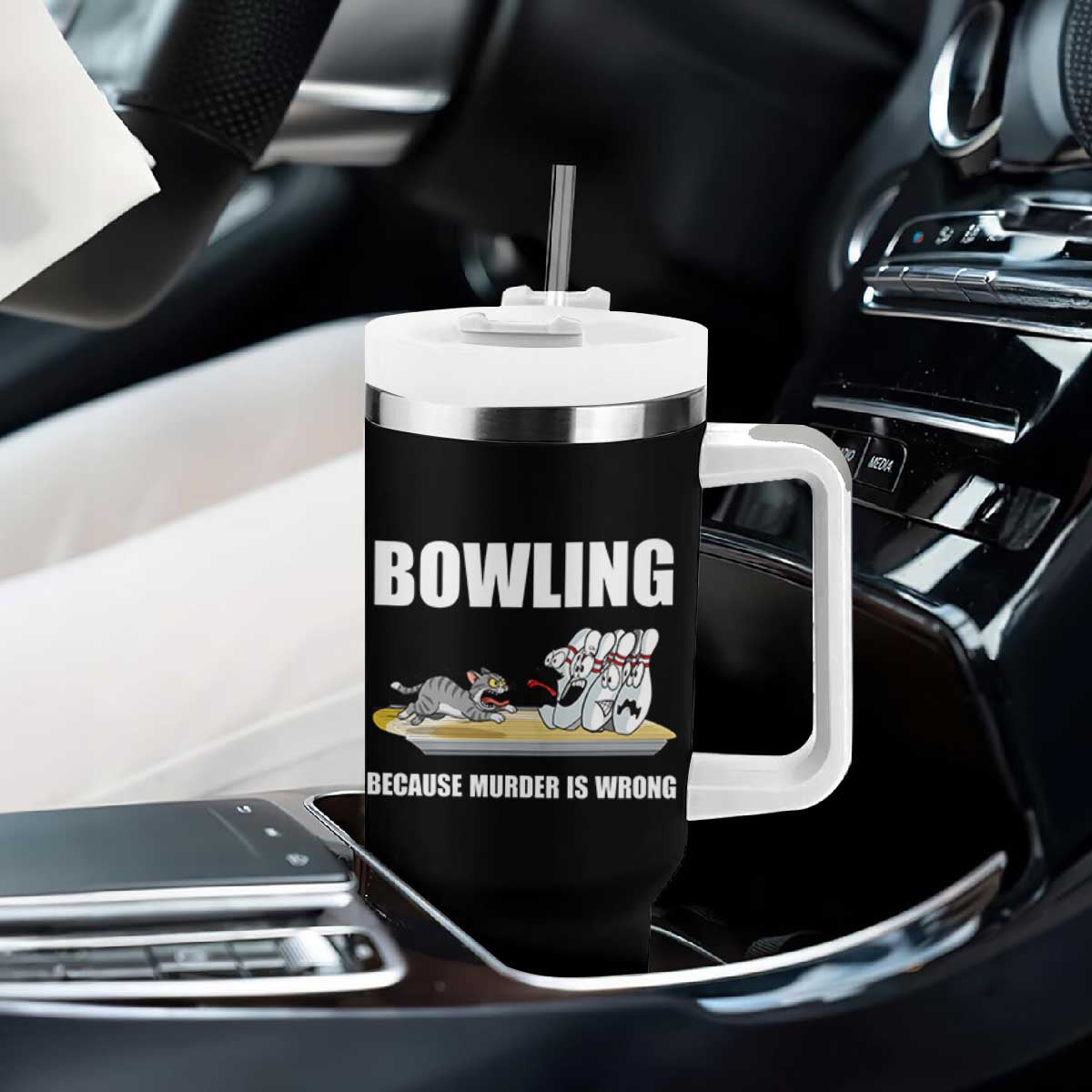 Funny Cat Tumbler With Handle Bowling Because Murder Is Wrong Gift TS12 Print Your Wear
