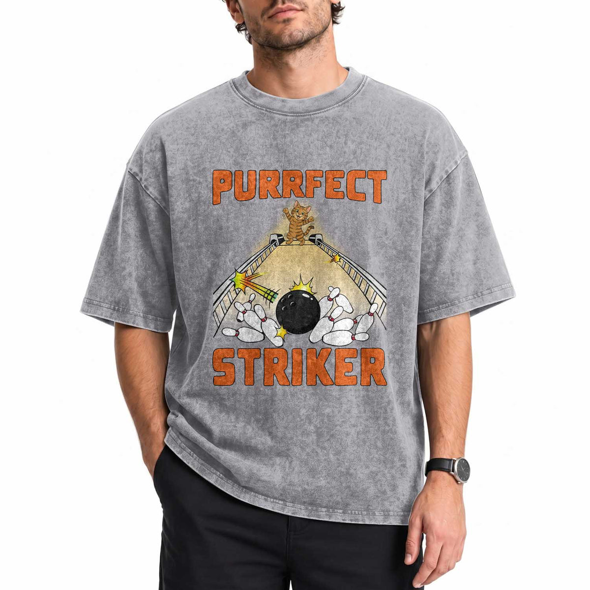 Funny Cat Bowling Gift Washed Cotton T-Shirt Purrfect Striker
