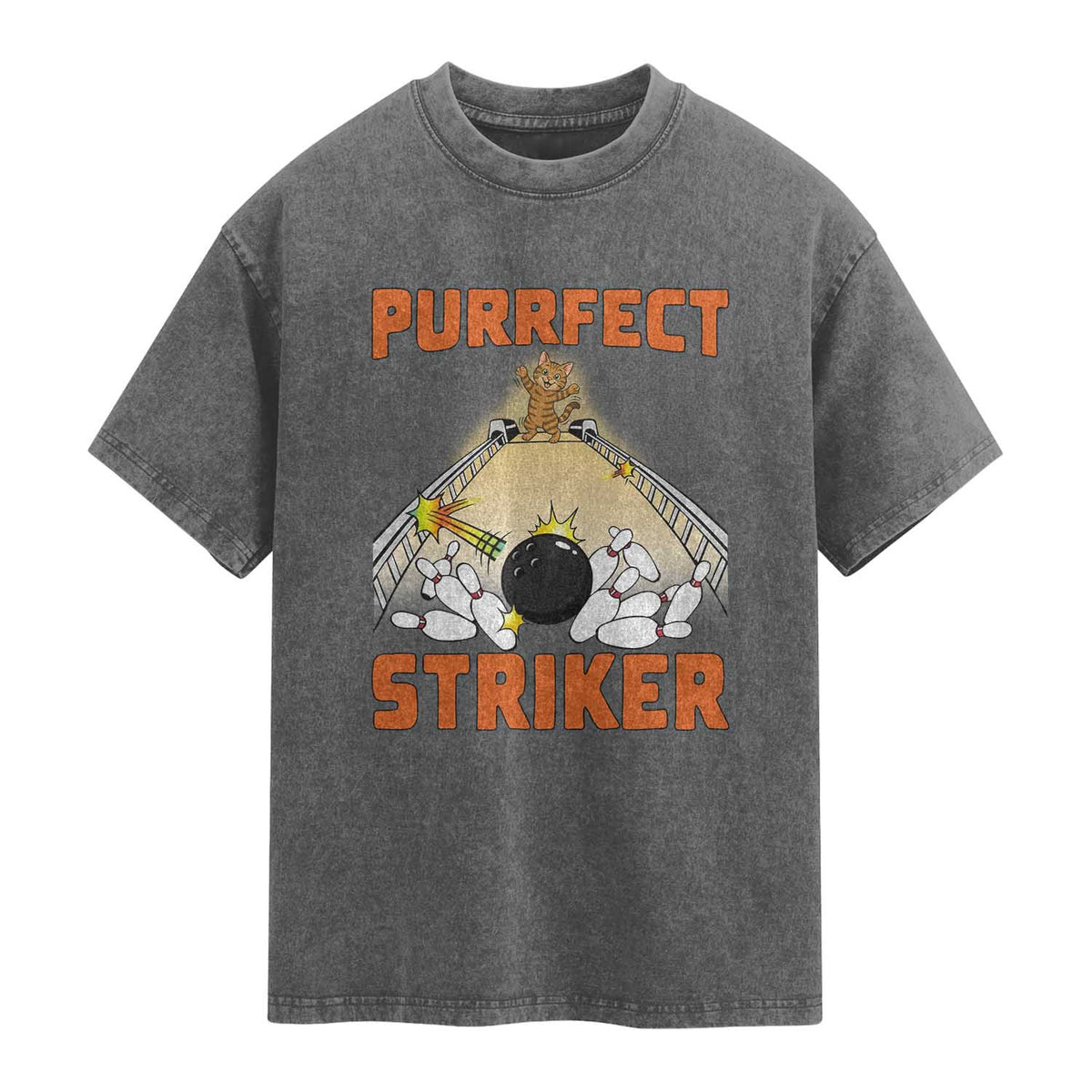 Funny Cat Bowling Gift Washed Cotton T-Shirt Purrfect Striker