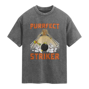 Funny Cat Bowling Gift Washed Cotton T-Shirt Purrfect Striker