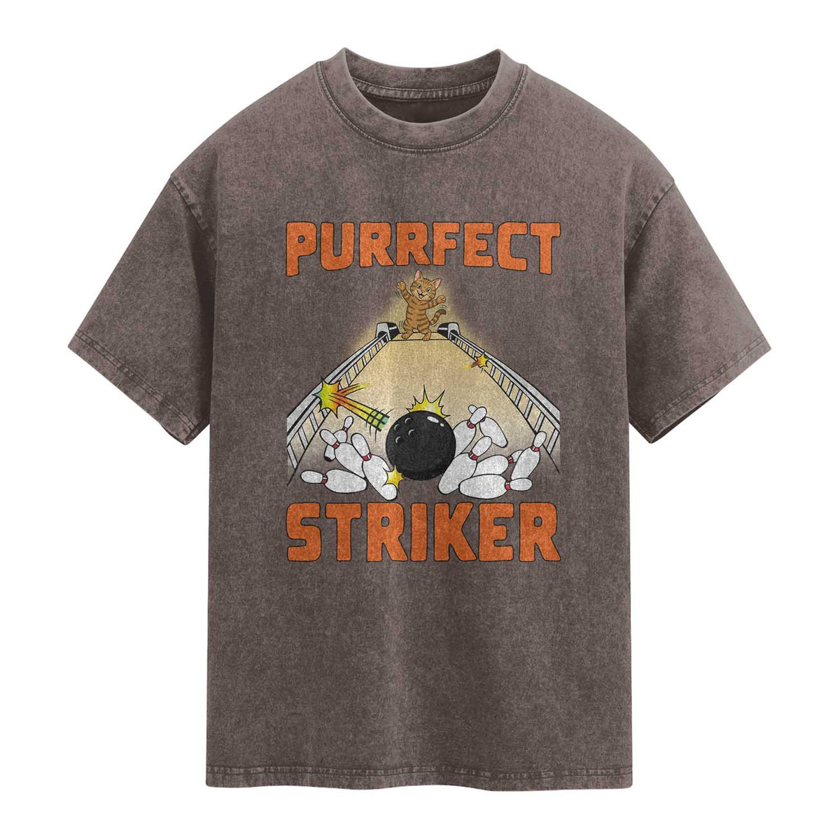 Funny Cat Bowling Gift Washed Cotton T-Shirt Purrfect Striker