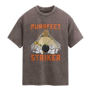 Funny Cat Bowling Gift Washed Cotton T-Shirt Purrfect Striker