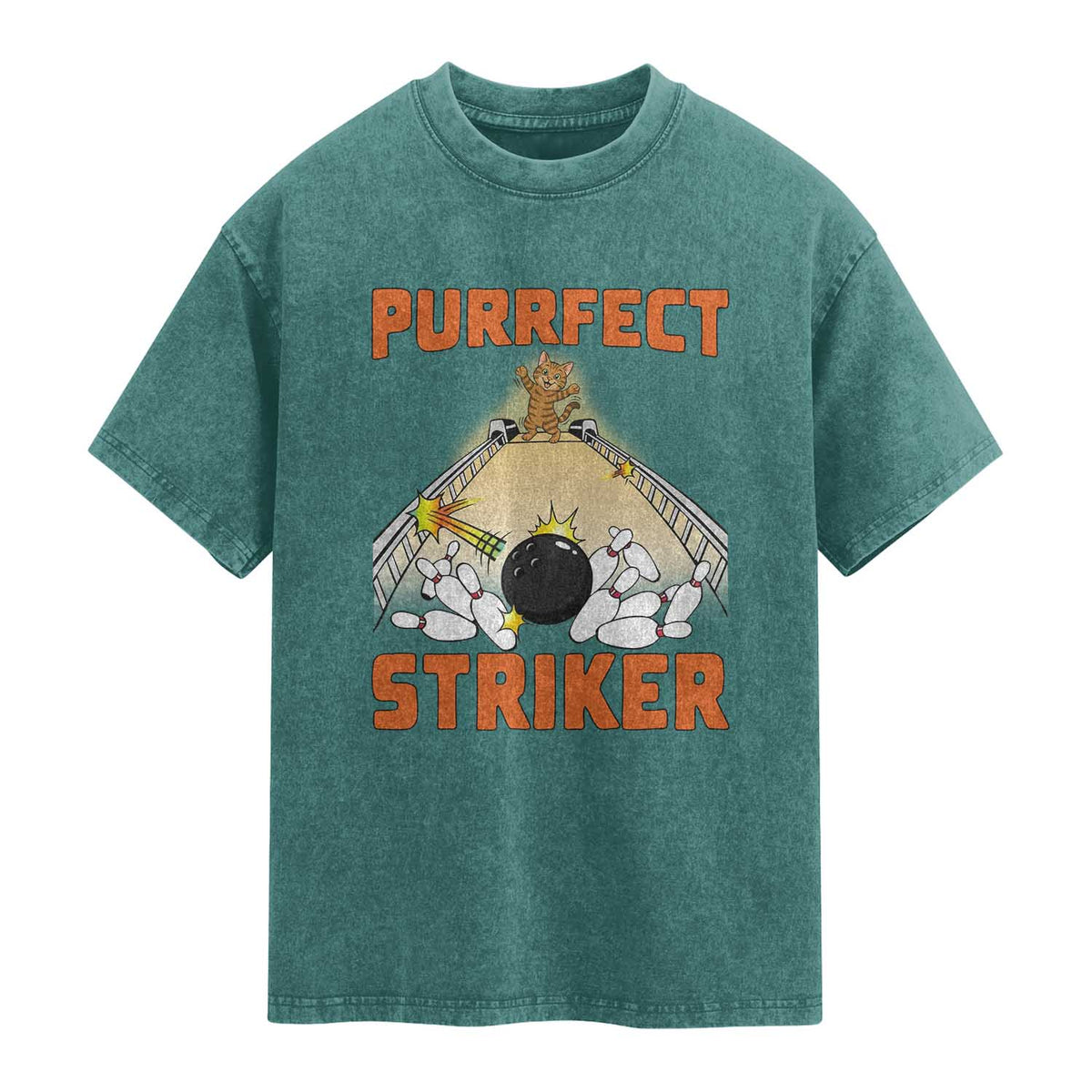Funny Cat Bowling Gift Washed Cotton T-Shirt Purrfect Striker