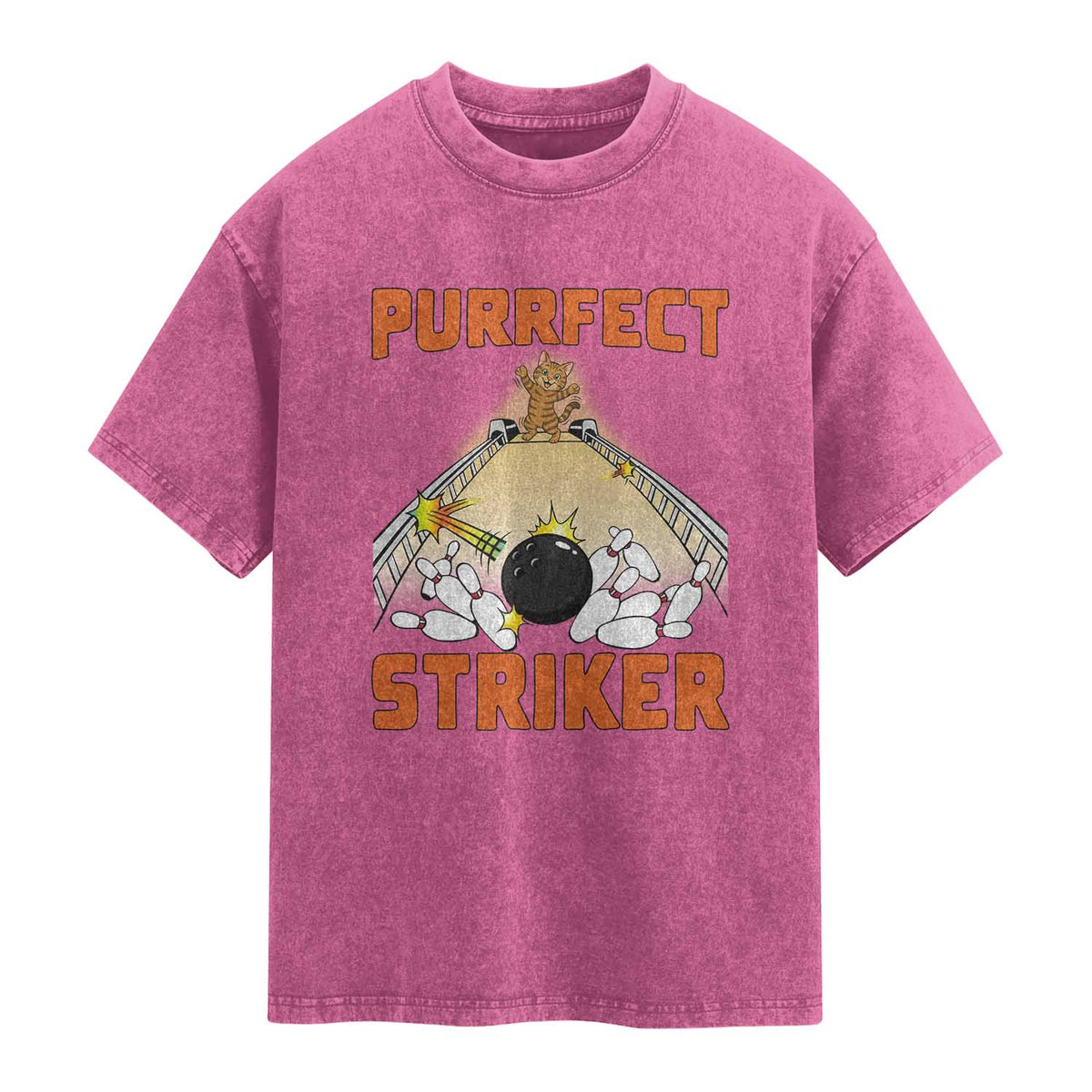 Funny Cat Bowling Gift Washed Cotton T-Shirt Purrfect Striker