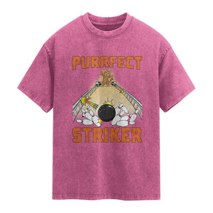 Funny Cat Bowling Gift Washed Cotton T-Shirt Purrfect Striker