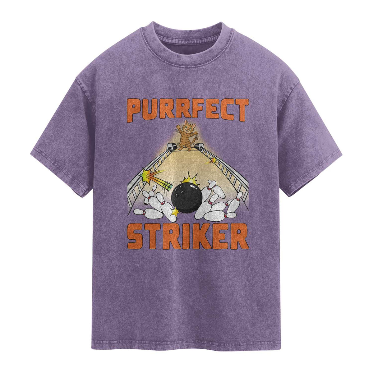 Funny Cat Bowling Gift Washed Cotton T-Shirt Purrfect Striker