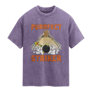 Funny Cat Bowling Gift Washed Cotton T-Shirt Purrfect Striker