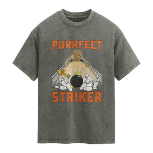 Funny Cat Bowling Gift Washed Cotton T-Shirt Purrfect Striker
