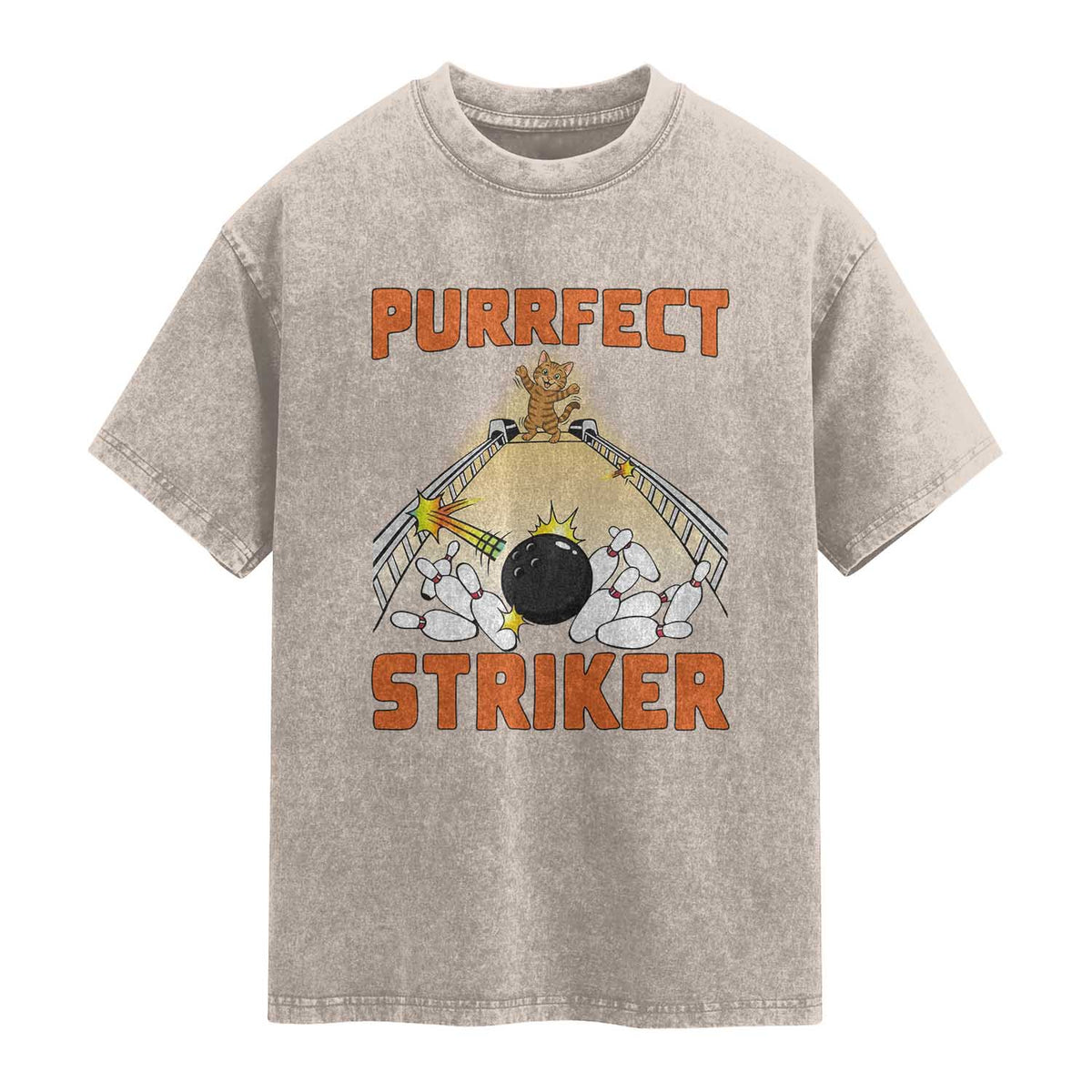 Funny Cat Bowling Gift Washed Cotton T-Shirt Purrfect Striker